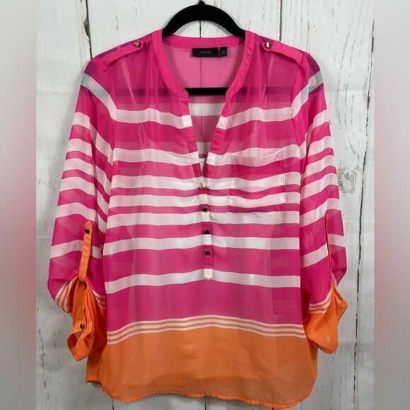 ‼️final must bundle‼️ Hot Pink Striped Double Layer Blouse Roll Tab Sleeves - Picture 1 of 8